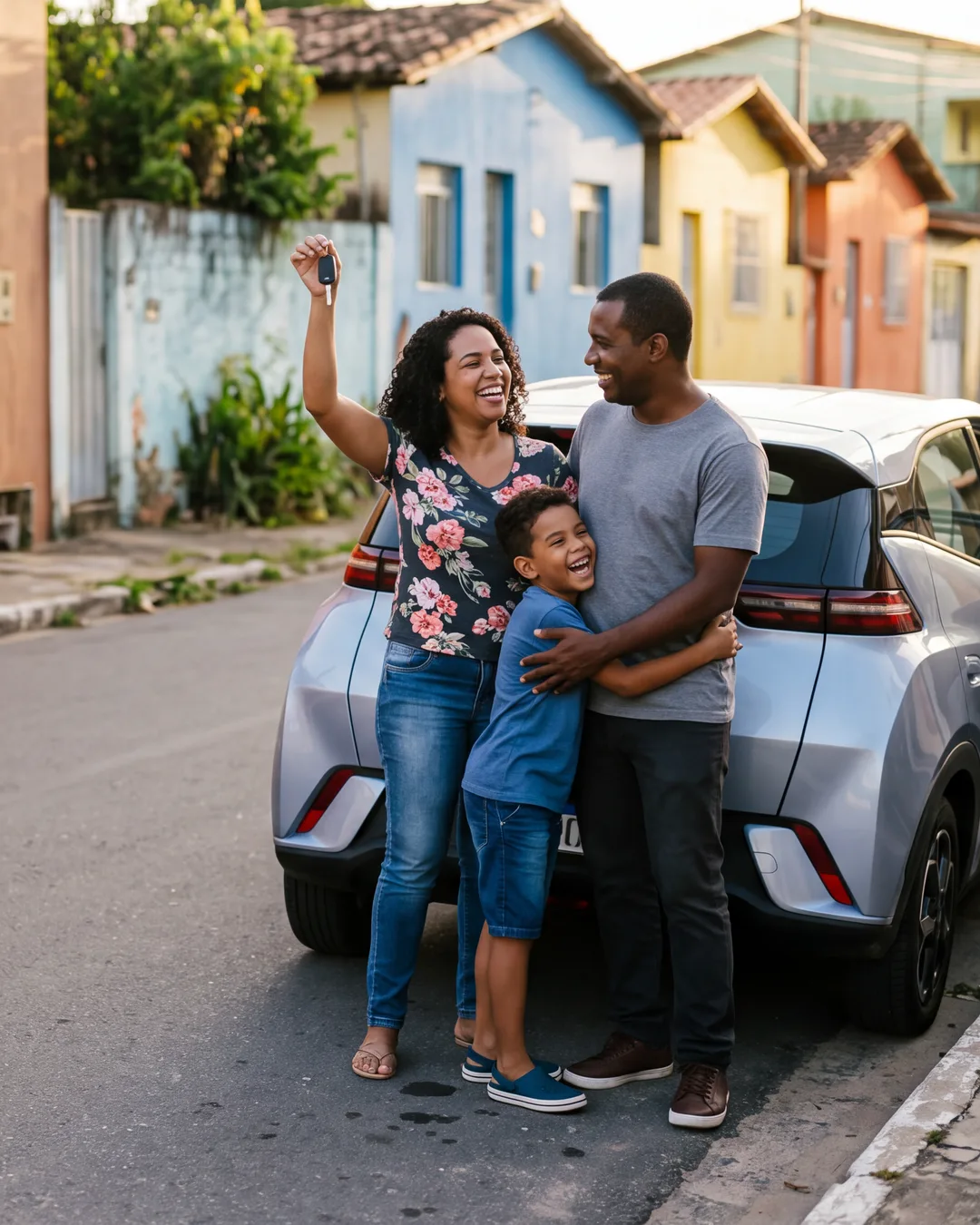 Família comemorando a conquista do carro novo, com a chave na mão